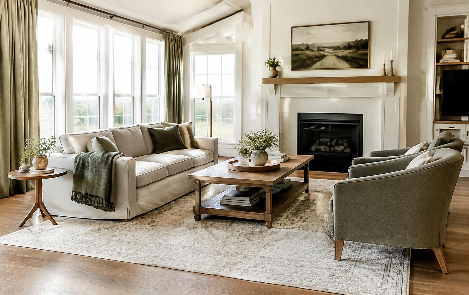 Bright living room designed by SRP Interest Design Studio in Fishers, Indiana