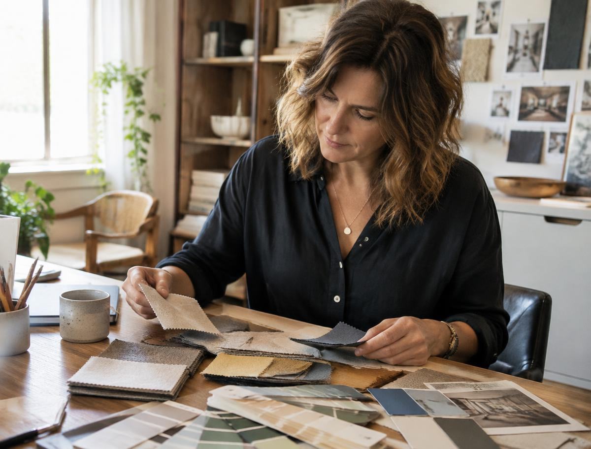 Kathleen Woods reviewing fabric samples